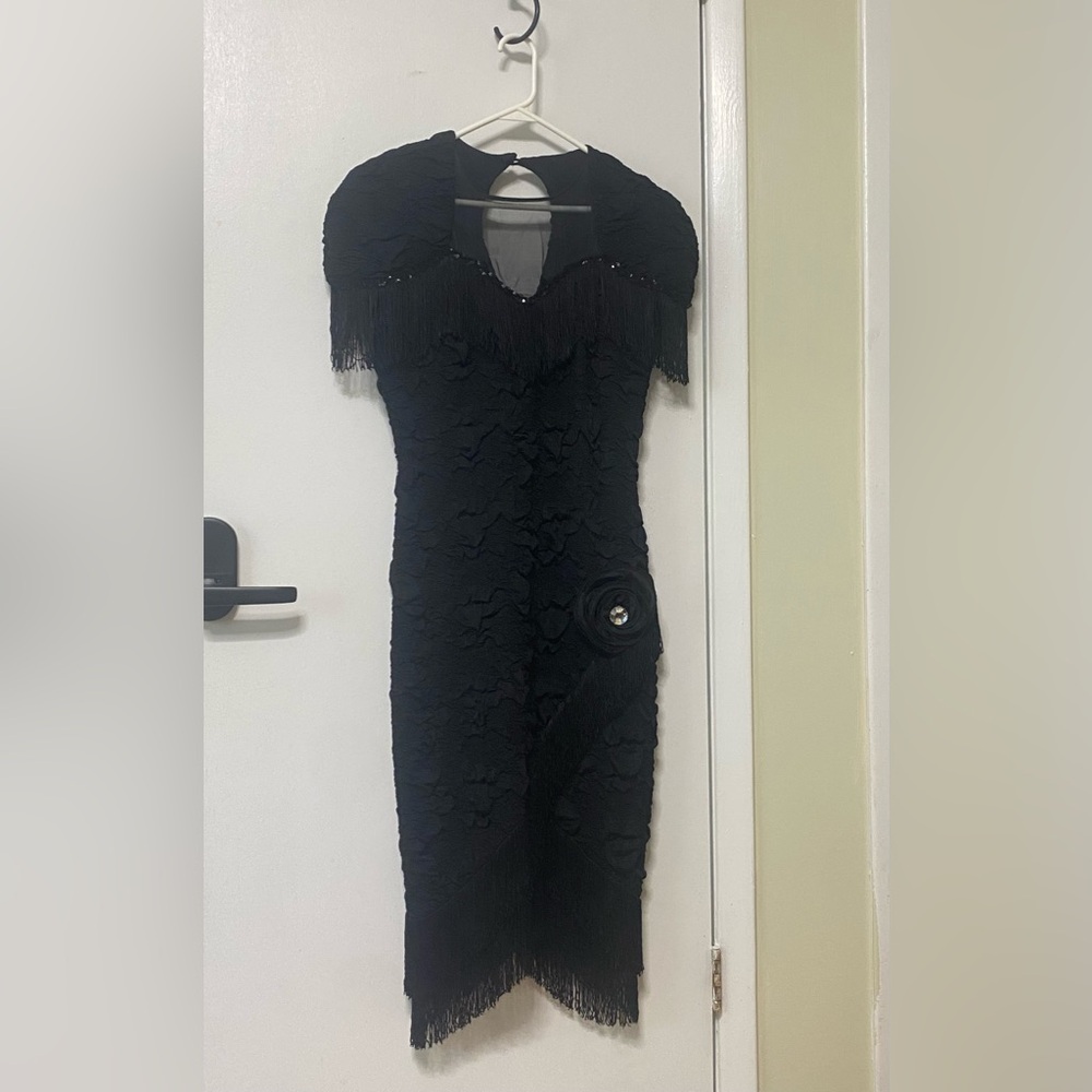 Black V-Neck Flutter Sleeve Sheath Dress